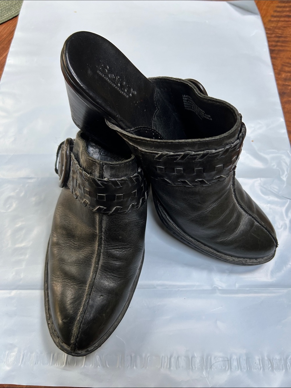 Women’s Black Leather Born Slip-On Mule with Woven Trim